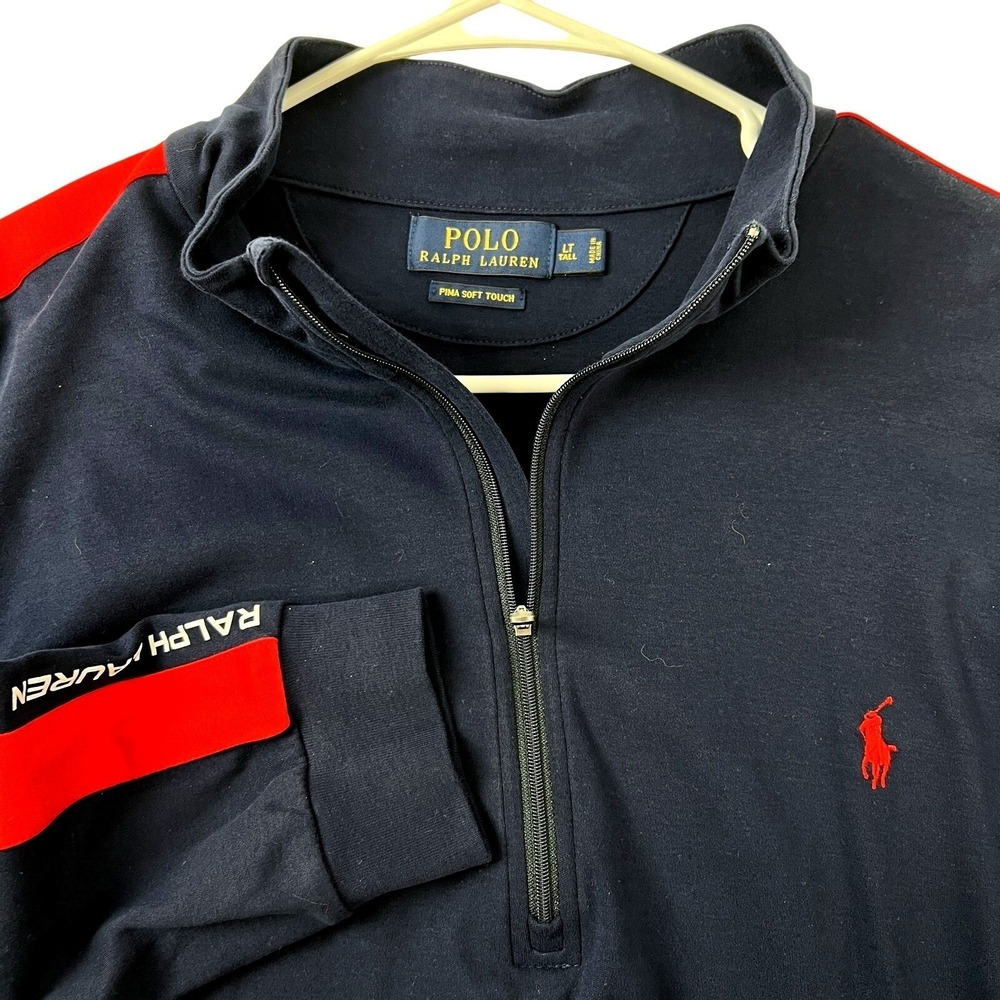 Polo Ralph Lauren Track Jacket Mens LT Tall Blue Pima Soft Touch 1/4 Zip Stripe
